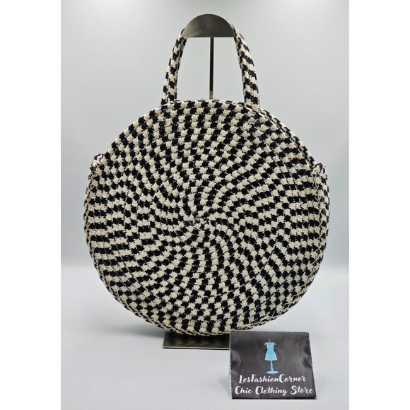 La Regale Women's Black White Round Woven Houndstooth Tote Bag Tassel Sz L 2632 - Picture 5 of 10